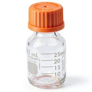 Corning Pyrex 25mL Round Media Bottle with GL25 Orange Screw Cap-0