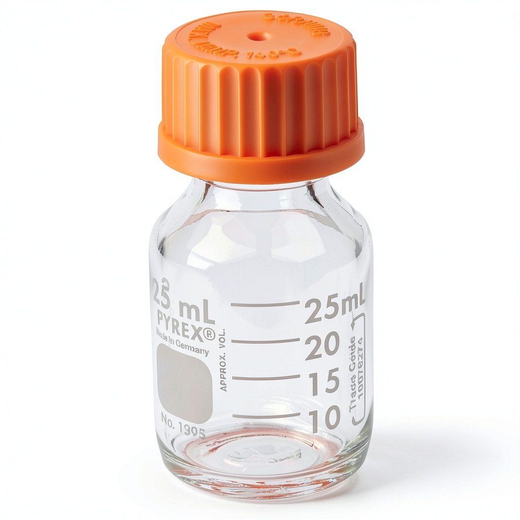 Installing Corning Pyrex 25ml round media bottle with GL25 orange screw cap on a lab bench