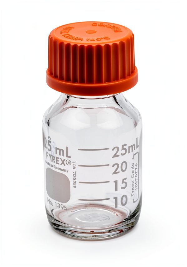 Corning Pyrex 25mL Round Media Bottle with GL25 Orange Screw Cap-1