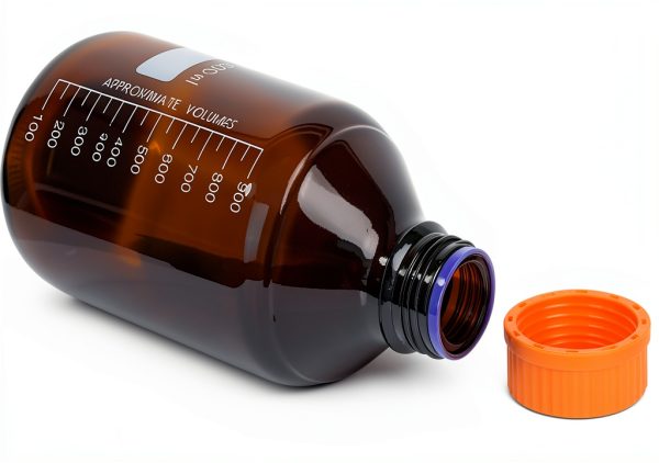 Moonetto 4 Pack Amber Brown Glass 1000 mL Graduated Round Lab Reagent Media/Storage Bottle With GL45 Orange Screw Cap-5
