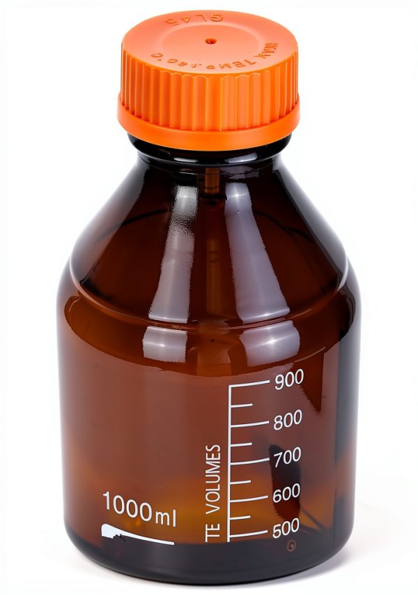 Moonetto 4 Pack Amber Brown Glass 1000 mL Graduated Round Lab Reagent Media/Storage Bottle With GL45 Orange Screw Cap-2