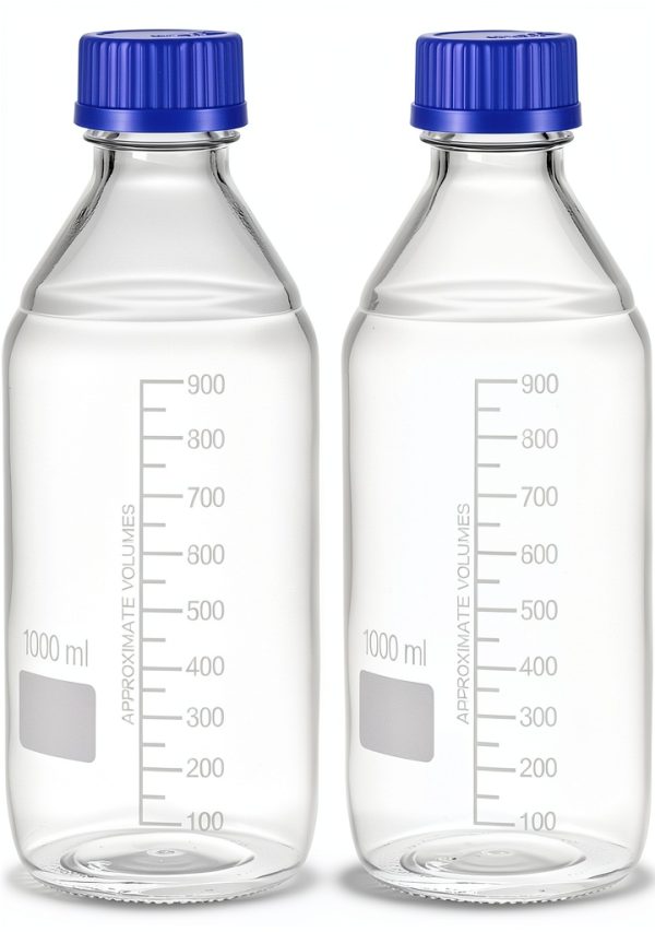 QWORK 1000ml Glass Storage Bottles 2 Pack Leakproof GL45 Blue Caps-0