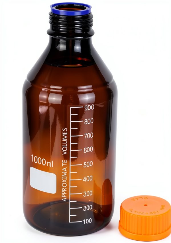 Moonetto 4 Pack Amber Brown Glass 1000 mL Graduated Round Lab Reagent Media/Storage Bottle With GL45 Orange Screw Cap-3