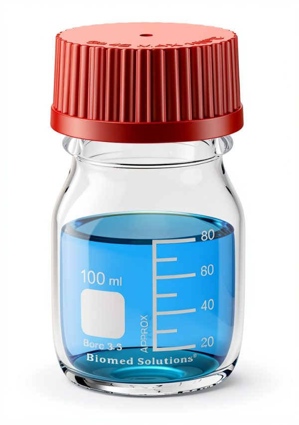 Biomed Solutions Media Storage bottle Borosilicate 3.3 Glass Container with PBT GL45 Screw Cap,PBT Pour Ring and PTFE Septa,Sterile,100mL,2/Pk-0